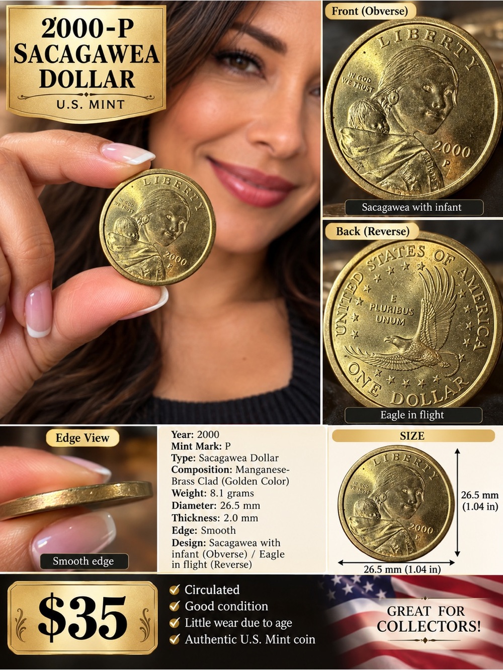 2000-P Sacagawea Golden Dollar $1 Coin – Philadelphia Mint – Collectible